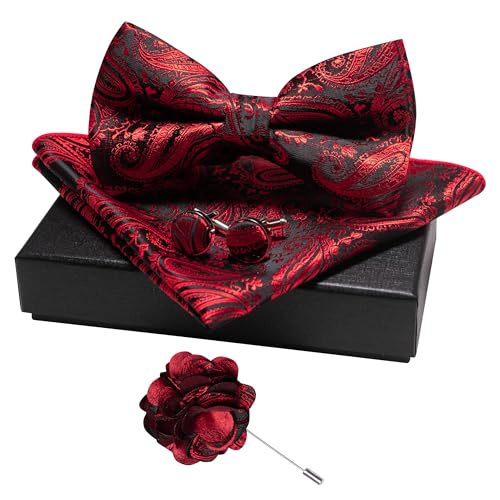 JEMYGINS Mens Paisley Bow Tie and Lapel Pin Necktie Pocket Square and Tie Clip with Sets for Business Casual 4PCS - color: Red/Black