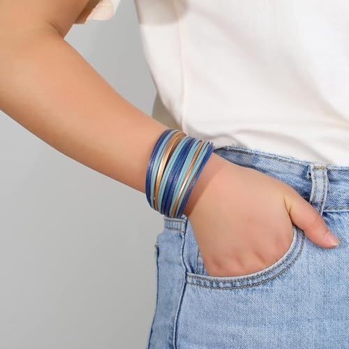 Fesciory Leather Wrap Bracelets for Women, Boho Western Layered Jewelry | Layered leather cuff bracelets, Easy on and off, Boho western style, Daily wear, Gift for women - color: Blue 4