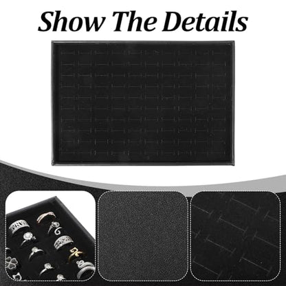 3 Pcs Stackable Ring Tray Set for Drawer, 100 Slots Velvet Jewelry Organizer Dish, Black Wooden Ring Display Case for Retail Store, Flea Market, Home Vanity (13.8 x 9.4 x 1.2 inches)