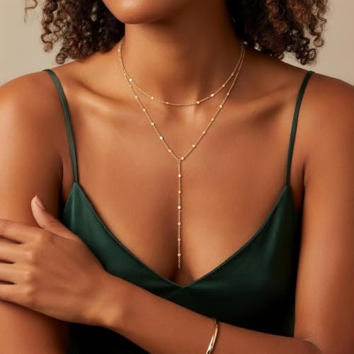 Gold/Silver Necklace for Women 14K Gold/Silver Plated Long CZ Necklaces Layered Lariat Chain Beach Choker Trendy Stuff Simple Cute Accessories Gifts Prom Formal Jewelry - color: GD