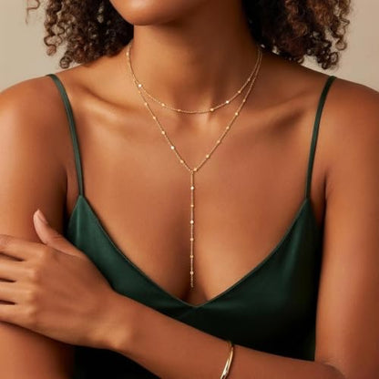 Gold/Silver Necklace for Women 14K Gold/Silver Plated Long CZ Necklaces Layered Lariat Chain Beach Choker Trendy Stuff Simple Cute Accessories Gifts Prom Formal Jewelry - color: GD