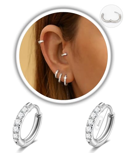 CZ Huggie Earrings for Women, Stainless Steel Hinged Small Hoop Earrings, Select Sizes, Colors and Sets for Cartilage Helix Lobe Ear Stack Jewelry - color: Silver, size: 8mm (THK:2mm)
