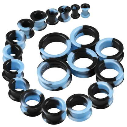 20Pcs Silicone Ear Gauges 2G-25mm Flexible Ear Tunnels Gauges Soft Expander Stretching Ear Plugs Tunnels Black Earring Piercings Jewelry for Men Women - color: Thick Black and Lake Blue Silicone