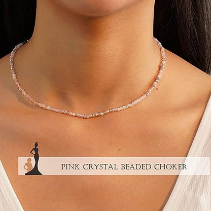 JSJOY Tiny Crystal Beaded Choker Necklaces for Women Colorful Beaded Necklace Dainty Choker Necklaces Simple Boho Jewelry Gifts for Teens Handmade Shining Bead Necklaces Gifts - color: Pink