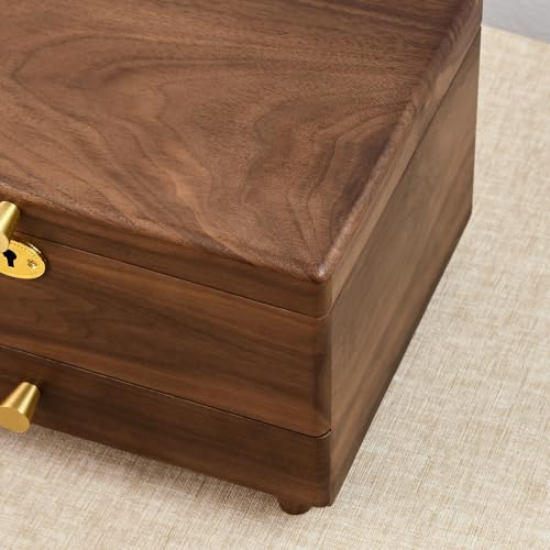 Black Walnut Lockable Jewelry Box with Feet, Wooden Organizer for Women | 3 Layer, Solid Wood, Handcrafted, Drawer, Lock Key, Removable Tray, Necklace Ring Earring Watch Case, Gift for Mom Girls - color: 3 Layer Full Lock with Feet