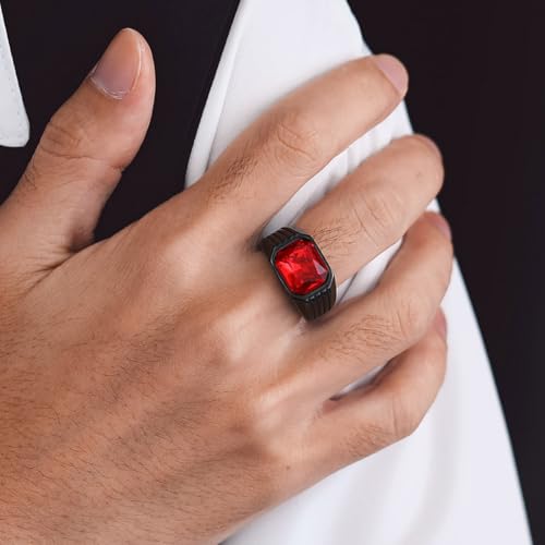 Cubic Zirconia Rings for Men Women Stainless Steel Birthstone Ring Square Cut Statement Jewelry Size 7-14 - color: Black-Ruby Stone, size: 11