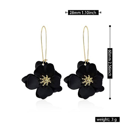 Bohemian Daisy Flower Matte Floral Long Petal Drop Dangle Earrings Layered Tiered for Women Chic Boho Wedding Jewelry - color: Black