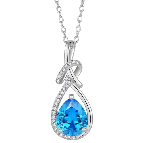 Infinity Teardrop Necklace Silver Tone Pendant Birthstone Jewelry for Women - color: Sea Blue