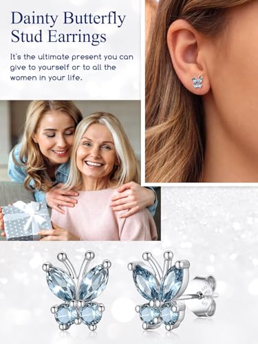 Suplight Butterfly Stud Earrings 925 Sterling Silver 14K Gold Brithstone Earrings for Women Brithstone Jewelry Gifts - color: 03.March( Aquamarine), size: Silver