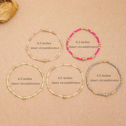 Gold Beaded Stackable Friendship Bracelets Set for Women, Handmade Boho Stretch Summer Jewelry Gift. - color: gold green gray fuchsia pink yellow beige