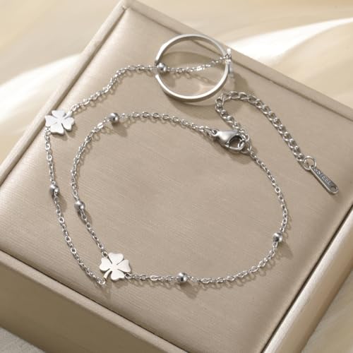 UNIFT Hand Chain Bracelets for Women Set Stainless Steel Adjustable Heart or Four-Leaf Clover Ring Chain Bracelet Trendy Dainty Jewelry Set Gifts - color: silver 2