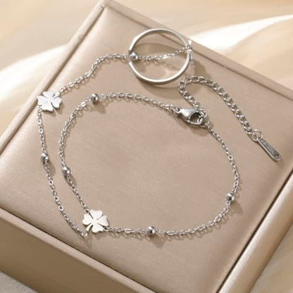 UNIFT Hand Chain Bracelets for Women Set Stainless Steel Adjustable Heart or Four-Leaf Clover Ring Chain Bracelet Trendy Dainty Jewelry Set Gifts - color: silver 2