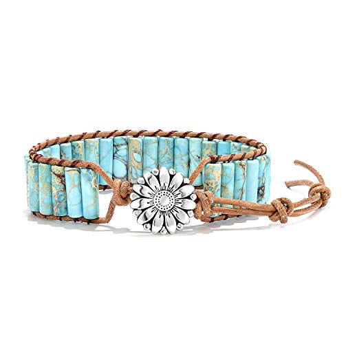 sedmart 7 Chakra Bracelets for Women with Real Stones Leather Wrap Healing Bead Bracelet Women Men Boho Friendship Jewelry - color: A4 Colorful flower button & Turquoise