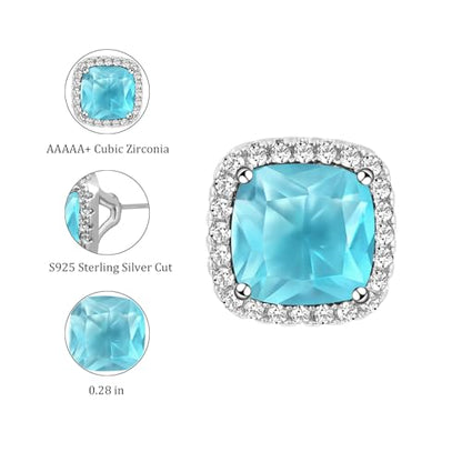 Square Cubic Zirconia Earrings Stud 7mm Birthstone Studs Earrings Hypoallergenic Princess Cut Earrings 925 Sterling Silver Post Studs Earrings for Women - color: aquamarine