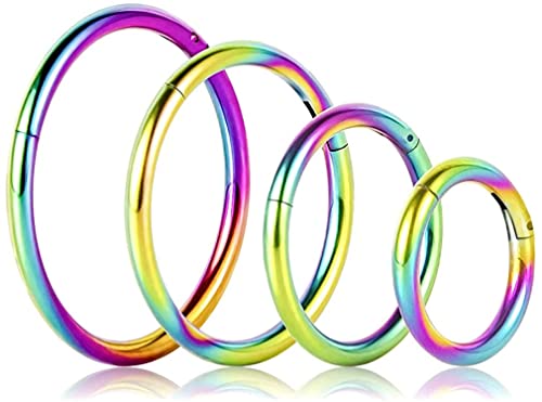 4Pcs 16G 18G 20G Surgical-Steel-Piercing-Ring-Nose-Rings-Hinged-Hoop-Earrings,6mm 8mm 10mm 12mm Seamless Stainless Steel Clicker Eyebrow Septum Piercing Hoop,Sliver Black Gold Rose Gold Rainbow Body Jewelry Set - color: 18G Rainbow