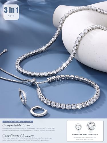 Jstyle 925 Sterling Silver Jewelry Set for Women - Dainty Tennis Necklace Bracelet Earrings Set Hypoallergenic Rhinestone Wedding Jewelry Sets for Brides Bridesmaids Crystal Prom Costume Accessories - color: Style B: Silver