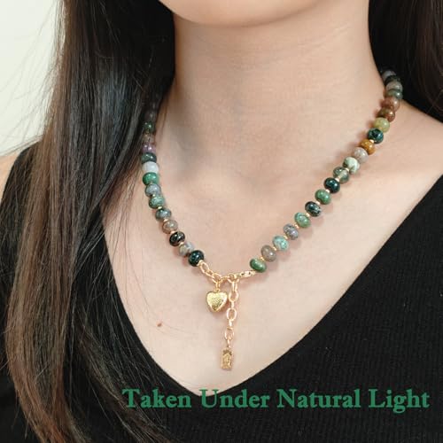 Boho Gemstone Beaded Necklace for Women – Colorful Natural Stone Choker 18K Solid Heart-Shaped Pendant, Summer Beach Jewelry - color: Indian Agate