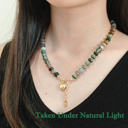 Boho Gemstone Beaded Necklace for Women – Colorful Natural Stone Choker 18K Solid Heart-Shaped Pendant, Summer Beach Jewelry - color: Indian Agate
