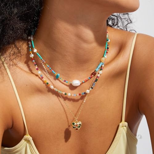 KissYan Beaded Choker Necklace for Women, Colorful Natural Gemstones Pearl Choker 14K Gold Plated Pendant Healing Crystal Necklace Handmade Stone Jewelry Gift | 14K Gold Plated Pendant Necklaces, Natural Gemstones Pearl Choker, Healing Crystal Chain, Hand