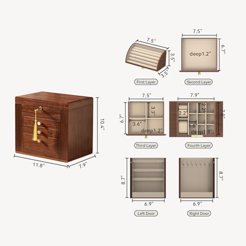 CHOSIN Black Walnut Wooden Jewelry Box for Women with Lock, Mirror, 4 Layer | Locking wity Key, 2 Drawers, Rotating Ring Holder, 2 Side Doors, Large Capacity for Necklaces, Earrings, Rings, Women Gifts - size: 4 Layer - Top & Side Lock