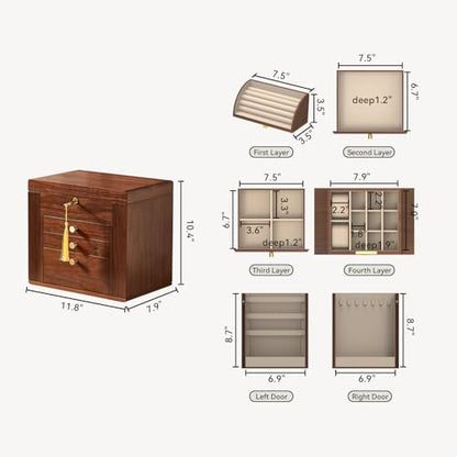 CHOSIN Black Walnut Wooden Jewelry Box for Women with Lock, Mirror, 4 Layer | Locking wity Key, 2 Drawers, Rotating Ring Holder, 2 Side Doors, Large Capacity for Necklaces, Earrings, Rings, Women Gifts - size: 4 Layer - Top & Side Lock