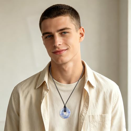 Anjiucc Natural Gemstone Pendant Necklce Lucky Coin Crystal Necklace Donut Pendnat with Adjustable Rope Healing Crystal for Men - color: Blue Aventurine