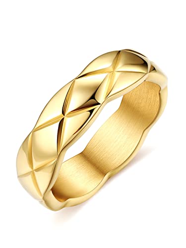 FOCALOOK Crush Bands Ring for Women Yellow Gold Plated 6MM Wide Wedding Promise Stacking Rings, Size 7-12 - color: 01.Gold