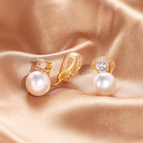 Awinesn Pearl Clip on Earrings for Women 14K Gold Silver Plated Pearl Earrings Cubic Zirconia Non Pierced Earrings for Women Jewelry Gifts Wedding Party - color: CZ-gold-12mm