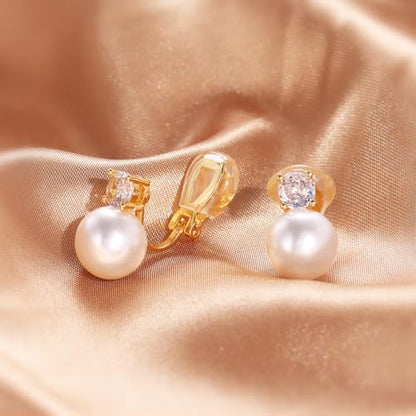 Awinesn Pearl Clip on Earrings for Women 14K Gold Silver Plated Pearl Earrings Cubic Zirconia Non Pierced Earrings for Women Jewelry Gifts Wedding Party - color: CZ-gold-12mm
