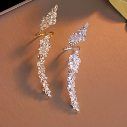 Rhinestone Finger Ring for Women Sparkly Crystal Butterfly Flower Leaf Adjustable Statement Chain Rings Punk Jewelry - color: silver leaf