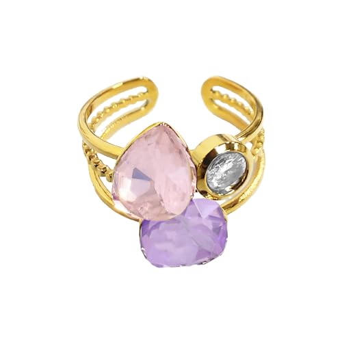 Geometric CZ Crystal Statement Rings for Women Ladies Stainless Steel Gold-Tone Plated Wedding Band Adjustable Open Gemstone Comfort Fit Finger Stacking Cocktail Party Ring Stylish Holiday Jewelry