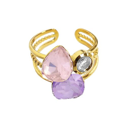 Geometric CZ Crystal Statement Rings for Women Ladies Stainless Steel Gold-Tone Plated Wedding Band Adjustable Open Gemstone Comfort Fit Finger Stacking Cocktail Party Ring Stylish Holiday Jewelry