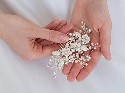 SWEETV Silver Bridal Hair Comb for Wedding Hair Accessories, Handmade with Crystals, Pearls, and Leaves, 4.72 x 2.75 inches, for Brides, Women | Handmade Crystals Pearls Leaves Bridal Hair Accessories, Wedding Hair Pieces for Brides Bridal Hair Pieces 4.7