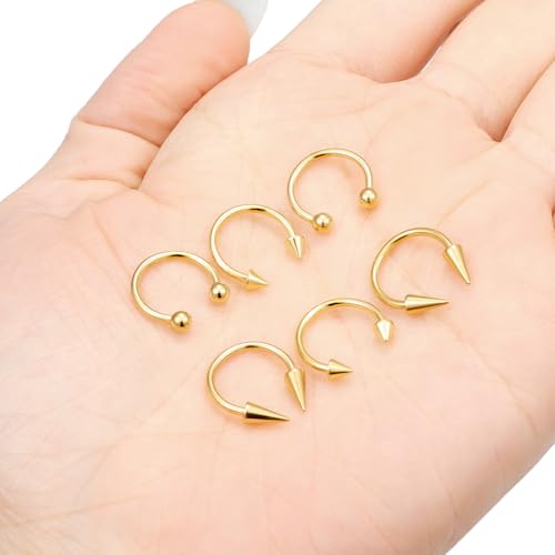 6Pcs Septum Rings 16G Surgical Steel Snake Bite Jewelry Long Spike Horseshoe Lip Rings Smiley Piercing Jewelry for Women Men 8mm 10mm - color: 16g,Diameter:10mm,goldtone