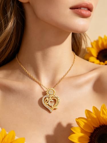14K Gold Sunflower Initial Necklaces for Women | Heart Letter Pendant You Are My Sunshine Jewelry Gifts - style: C