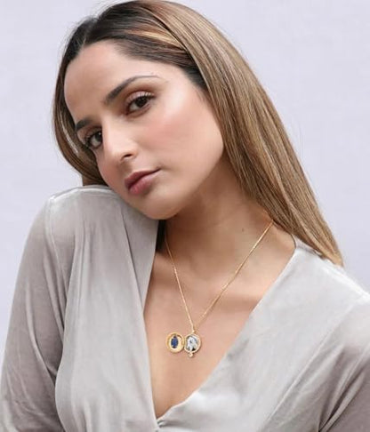 Aobei Pearl 18K Gold Plated Moon Star Lion Evil Eye Love Heart Cross Pendant Necklace Medallion Paperclip Chian Choker Layering Jewery for Women - color: Blue CZ Locket