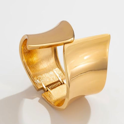 14K Gold Plated Open Cuff Bracelet for Women - Chunky Minimalist Geometric Arm Cuff, Adjustable Spring-Loaded Gold Bangle, Trendy Tarnish Resistant Statement Jewelry