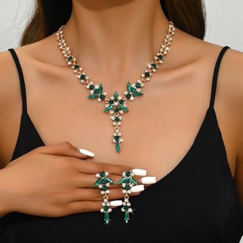 Wedding Jewelry Sets for Brides Rhinestone Necklace and Earring Set Bracelet Ring Gold Silver Prom Jewelry Sets Diamond Flower Teardrop Necklace for Women - color: Style5-Green