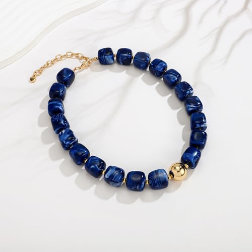 Chunky Beaded Necklace for Women Boho Statement Bead Necklace Adjustable Choker with Polished Disc/Square Beads Trendy Summer Beach Jewelry Gifts - color: Navy Blue