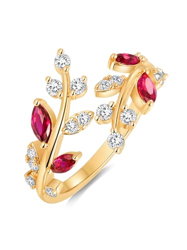 Silver Leaf Ring for Women 925 Sterling Silver Yellow Gold Plated CZ Inlaid Marquise Sapphire/Ruby/Emerald Cocktail Rings Size 6 to 10 - color: Ruby - Gold