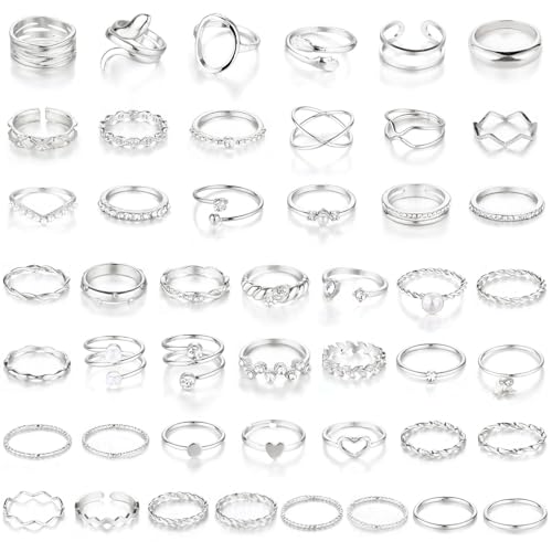 CHICUTIE Gold Knuckle Rings Set For Women Stackable Joint Finger Midi Rings Dainty Cubic Crystal Zirconia Simple Hollow Twist Cute Rings Pack Jewelry Gift - style: 47pcs Silver