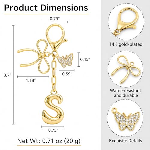 Gold Bubble Heart, Cherry, Bow & More Designs Letter Initial Keychain Bag Charms – Cute Purse Charms for Handbags - color: Bow & Butterfly, style: S