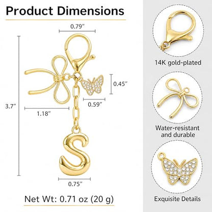 Gold Bubble Heart, Cherry, Bow & More Designs Letter Initial Keychain Bag Charms – Cute Purse Charms for Handbags - color: Bow & Butterfly, style: S