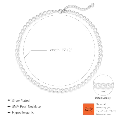Zeffy Pearl Necklace 8MM Dainty Round Imitation Pearl Choker Necklace Wedding Pearl Necklace Delicate Jewelry for Women Simple Bridesmaid Jewelry Gifts - style: Style2-8mm Silver Pearl Necklace(16"+2")