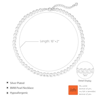 Zeffy Pearl Necklace 8MM Dainty Round Imitation Pearl Choker Necklace Wedding Pearl Necklace Delicate Jewelry for Women Simple Bridesmaid Jewelry Gifts - style: Style2-8mm Silver Pearl Necklace(16"+2")