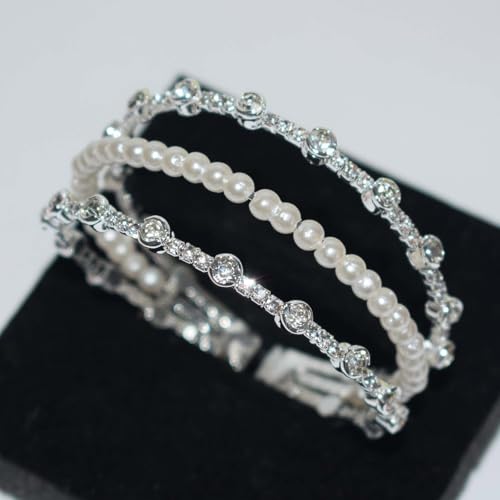 Triple-Row Open Cuff Bracelet for Women with Faux Pearl Center and Crystal-Set Metal Bands, Adjustable Bangle for Wedding and Daily Wear - color: SL-1325 Silver