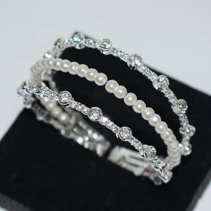 Triple-Row Open Cuff Bracelet for Women with Faux Pearl Center and Crystal-Set Metal Bands, Adjustable Bangle for Wedding and Daily Wear - color: SL-1325 Silver
