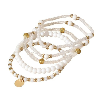Bohemian Handmade Crystal Seed Beads Disc Pendant Colorful Multilayered Elastic Bracelets Stackable Stretch Strand Bangles Friendship Summer Beach Jewelry for Women - color: white