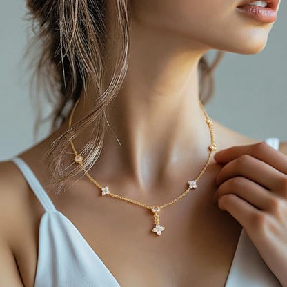 Yowivon Layered Gold Necklaces for Women, Dainty 14K Gold Plated Pendant Necklace, Non Tarnish Cubic Zirconia Stack Choker Necklace, Adjustable Hypoallergenic Trendy Jewelry Gift for Her - style: Gold-Four-Leaf Flower Pendant