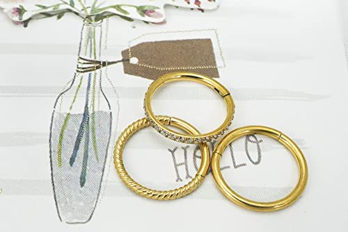 16G 18G 6mm 8mm 10mm Hinged Clicker Segment CZ Twisted Clicker Nose Rings Hoop Helix Cartilage Daith Tragus Sleeper Earrings Body Piercing for Women Men - style: 16G - 8mm - 3Pcs Gold